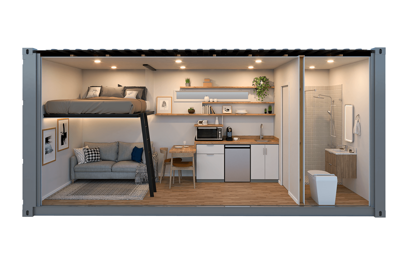Interior rendering of the WTR 20FT Tiny House